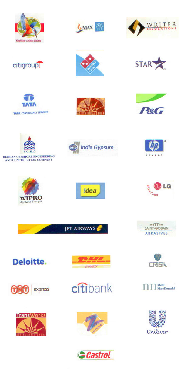 Kingfisher Airlines,New York Life Insurance,writer relocations,citigroup,dominos pizza,Media Ltd-STAR-LOGO,Tata Consultancy Services,Aditya Birla,p&g logo,iranian offshore engineering and construction company,india gypsum,HP invent, Wipro, idea,LG,JET AIRWAYS ,Saint Gobain,Deloitte,DHL,TNT Evpress,Citibank,Mott MacDonald ,Trans Works, Zee Network,unilever logo, Castrol